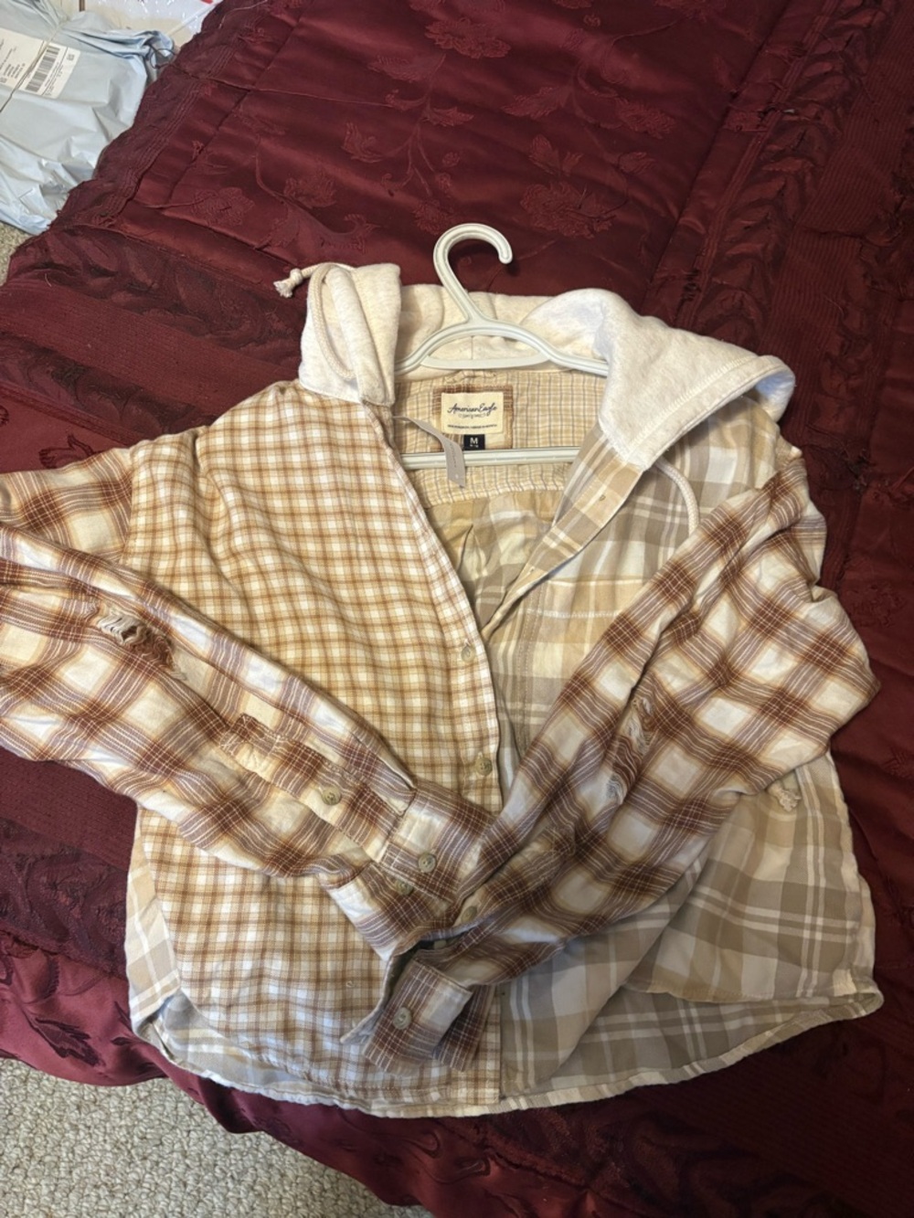 American Eagle Outfitters Plaid Hooded Button-Up in Beige and Brown